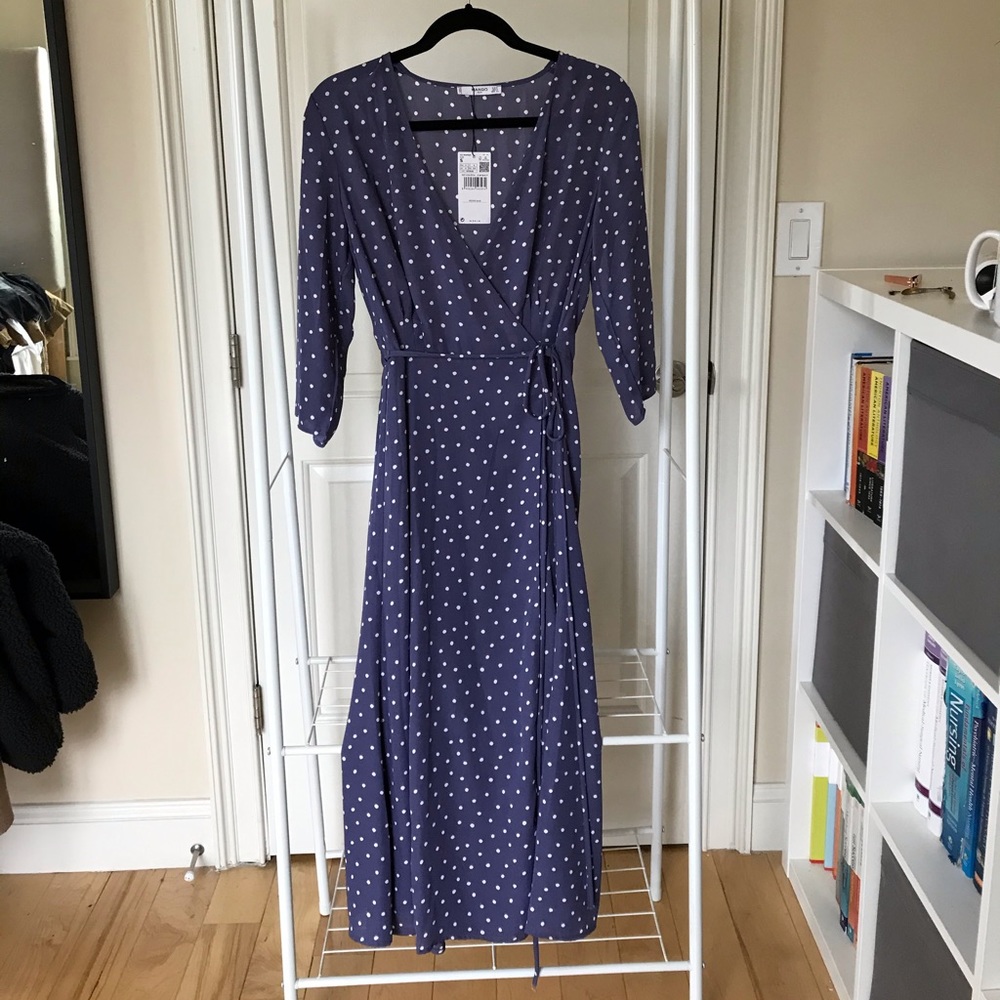 Mango Blue Wrap Tea Length Polka Dot Dress NWT - Picture 3 of 4